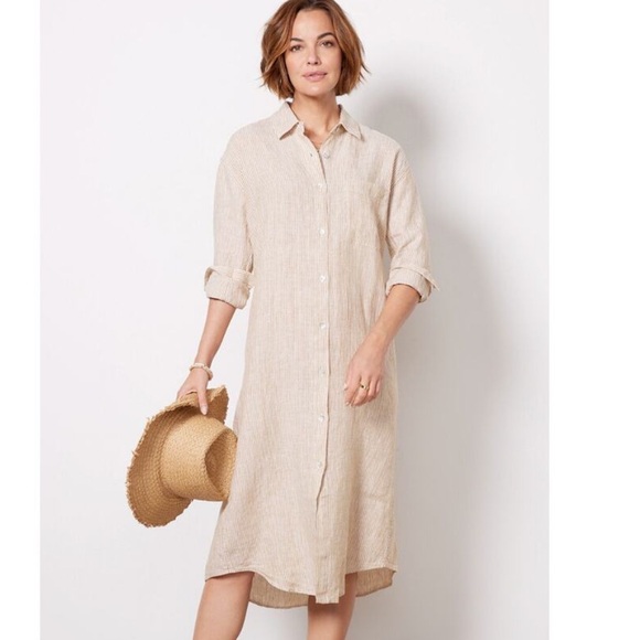 Faherty linen striped duster style midi T-shirt dress size medium khaki white - Picture 2 of 8